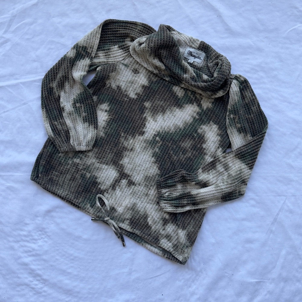 Wrangler Waffle Knit Sweater Top Women's S Green Camo Tie Dye Cowl Neck Western
